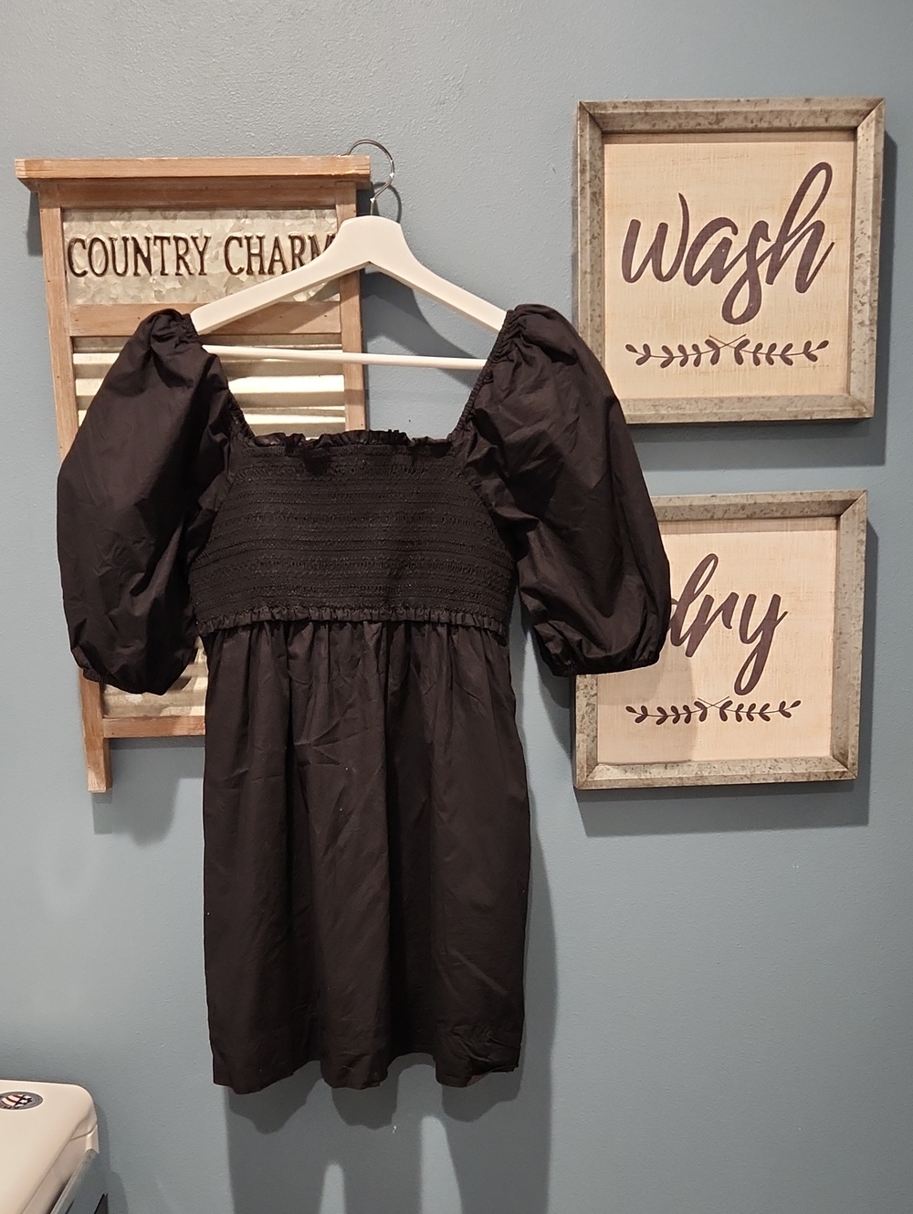 American Eagle Outfitters Black Puff-Sleeve Smocked Mini Dress